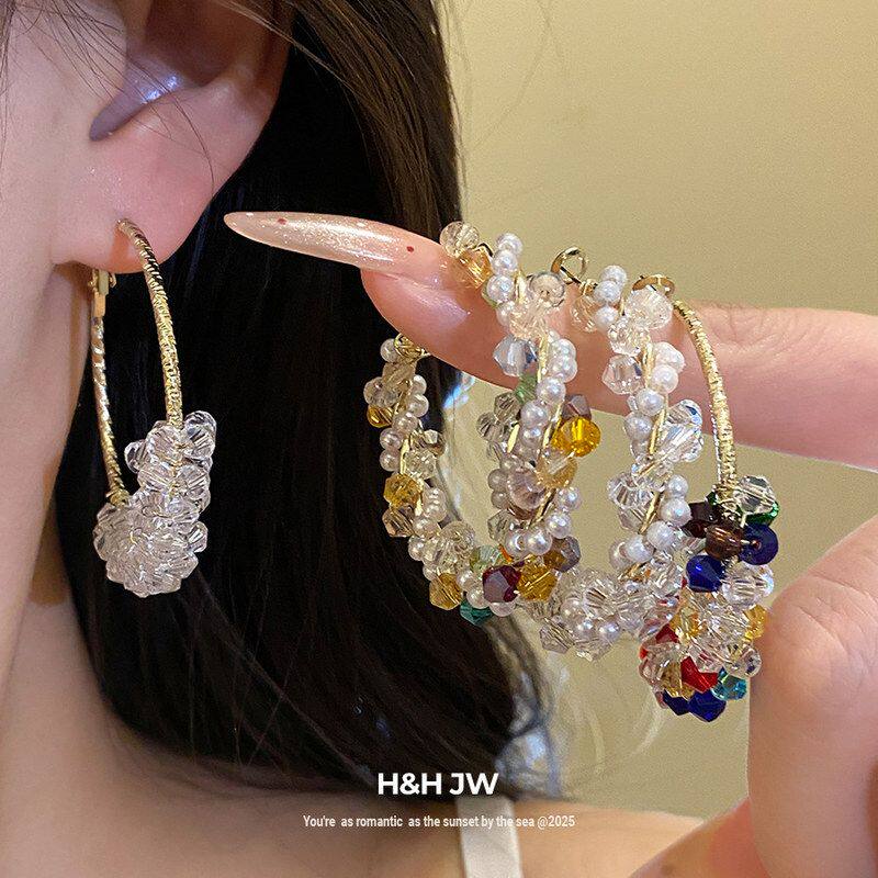 女轻奢多巴胺串珠彩色设计耳环耳饰水晶夸张耳圈女小众夏日高级感