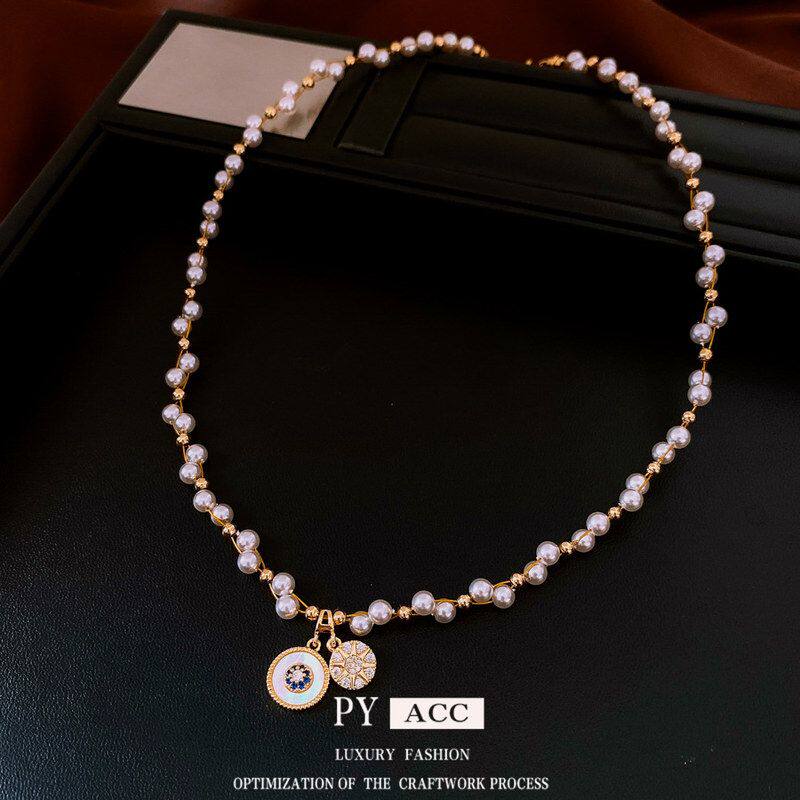 项饰真金链中珍珠气质吊坠锆石女项链锁骨高级感古风圆形轻奢电镀