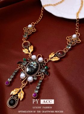 高级感椭圆精致毛衣链珍珠镶钻vintage百搭中古复古项饰流苏项链