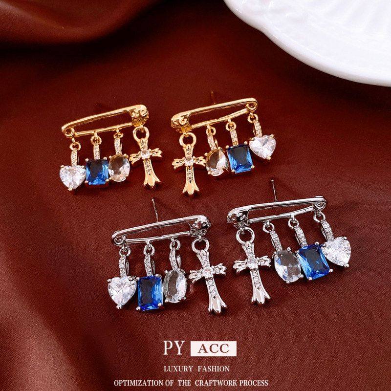 小众个性锆石银针耳钉轻奢风耳饰百搭吊坠女设计感别针十字架耳环,饰品/流行首饰/时尚饰品新,耳环,淘宝优惠券,粉丝福利购,淘宝优惠卷