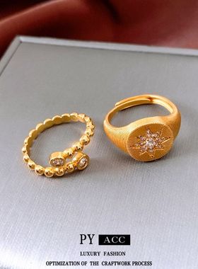 电镀真金手饰戒指宫廷风百搭24k复古圆形食指戒女开口高级感精致