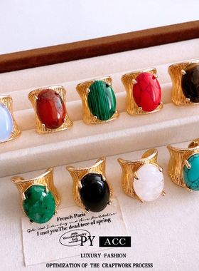 复古食指中古宫廷风戒手饰vintage高级石头个性戒指椭圆褶皱开口