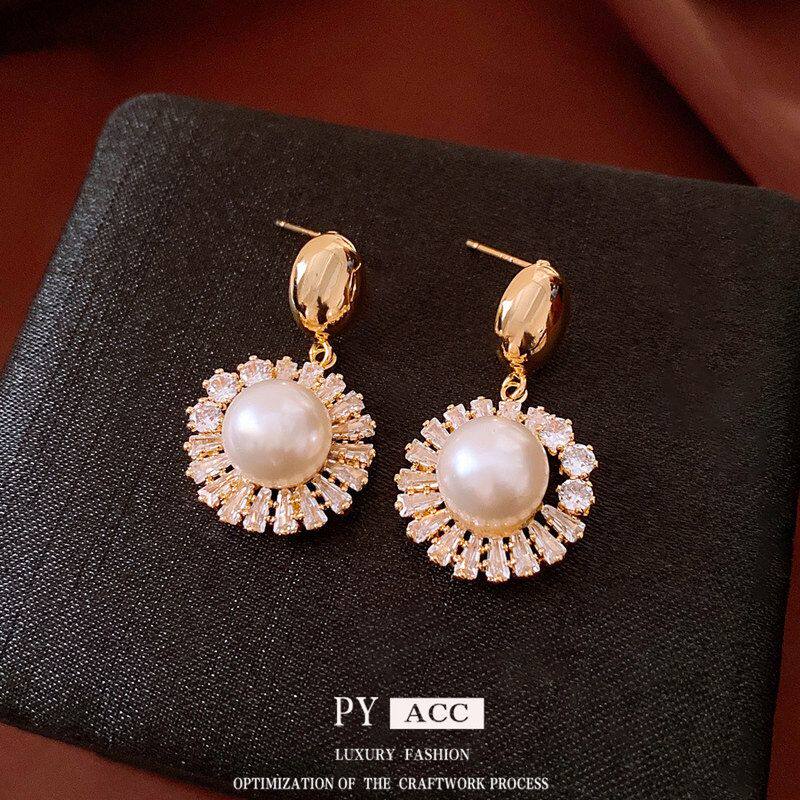 圆形法式耳环电镀珍珠气质女耳饰真金复古吊坠宫廷风优雅银针耳钉