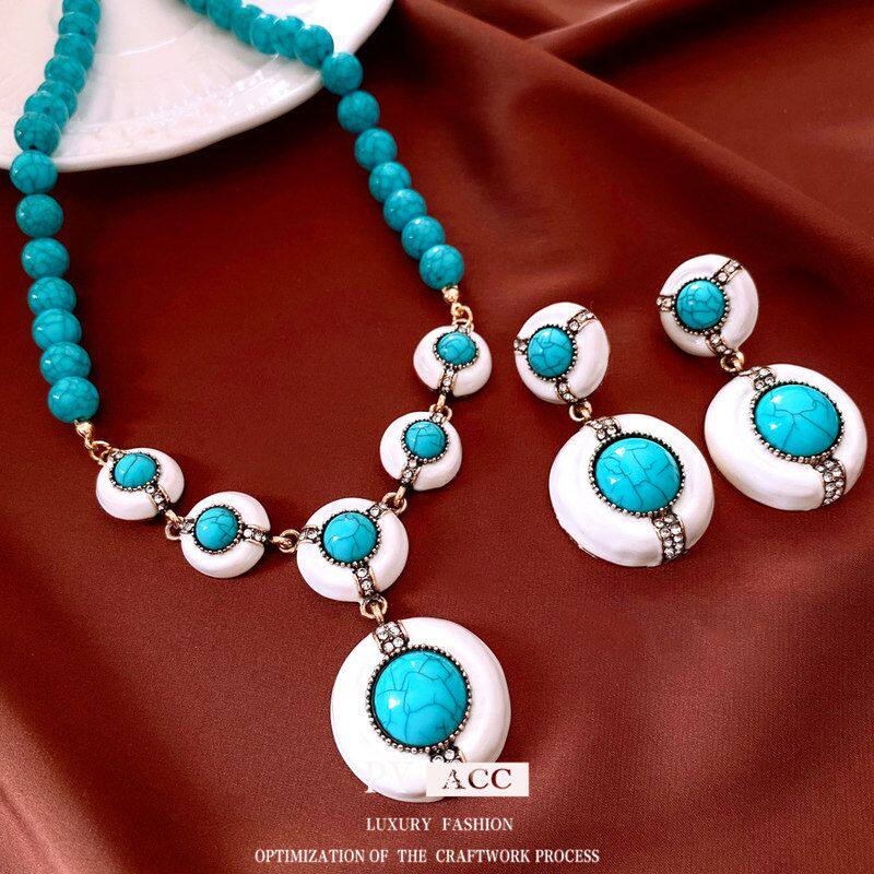 复古百搭镶钻链圆形耳环女吊坠套装锁骨项链时尚vintage中古首饰