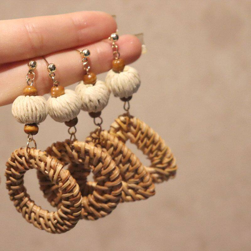 耳饰圆形耳环木珠女银针复古藤编民族风三角形设计感耳钉小众夸张