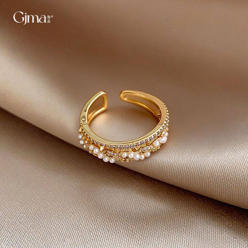 珍珠女指环法式戒指双层手饰精致复古开口高级感锆石气质小众时尚