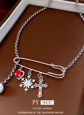 十字架别针欧美百搭项链风个性毛衣链珍珠镶钻时尚潮流项饰甜酷女