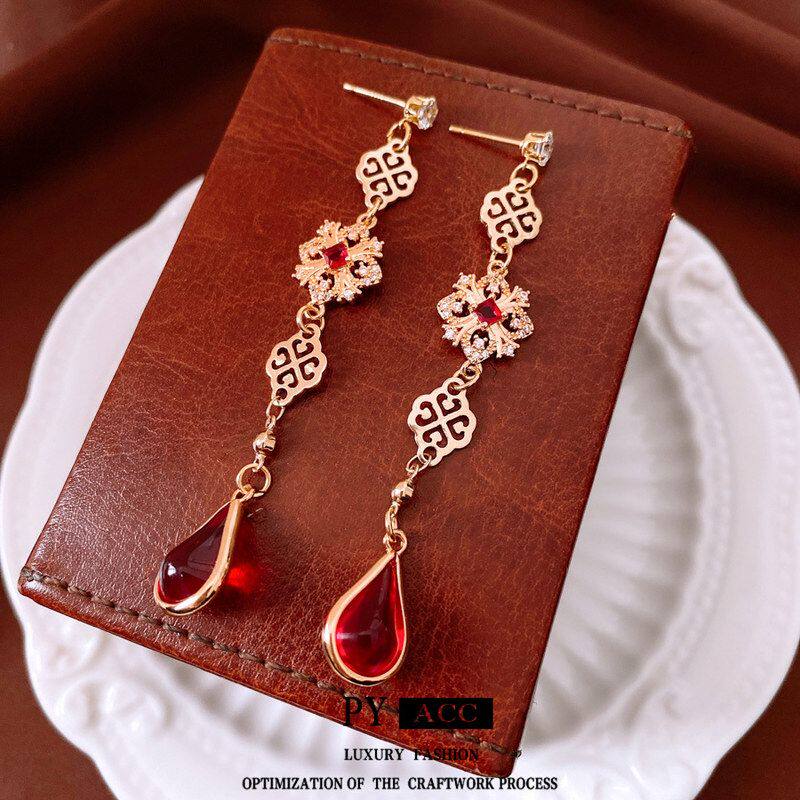 吊坠耳环气质耳饰水滴复古时尚轻奢花朵锆石银针vintage中古耳钉