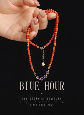 Blue hour新中式天然南红玛瑙青金石项链女款轻奢招财转运锁骨链