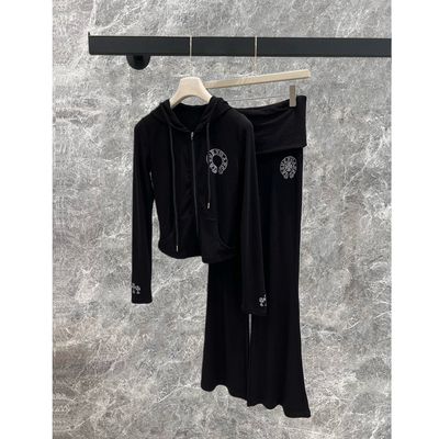 十字架烫钻连帽卫衣喇叭长裤套装