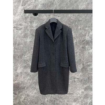 绵羊毛人字纹毛呢中长款大衣外套