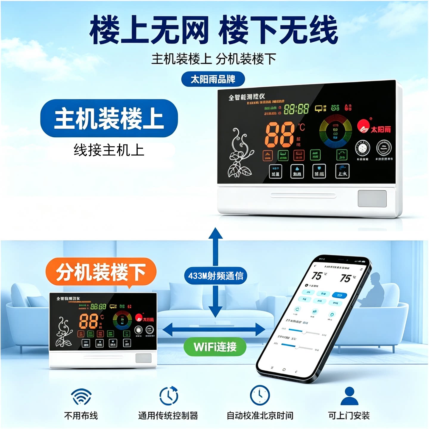 wifi无线太阳能热水器智能控制仪自动上水面板测控仪表显示温控器