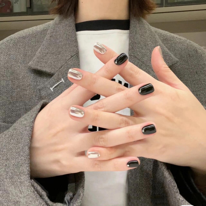 黑白骑士|动感简约系列清冷甜酷辣妹手工美甲中性风可拆卸穿戴甲