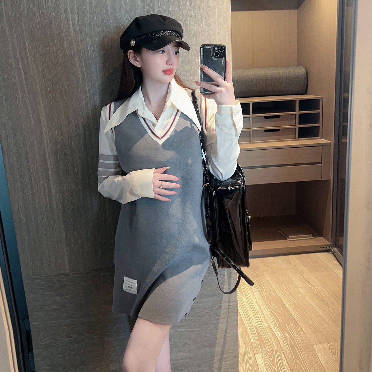 2024夏季新款小个子温柔开叉背心裙女TB学院风甜辣简约运动连衣裙
