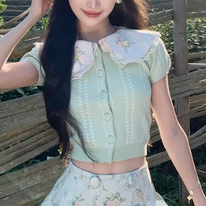 maSande2026夏季新款甜美风娃娃领花朵蕾丝边刺绣提花短袖针织开