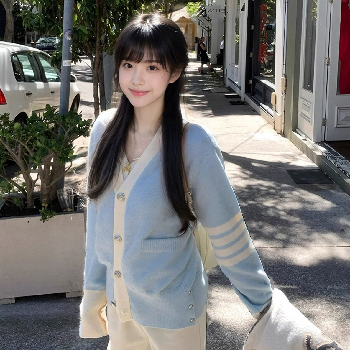 TB四道杠学院风甜美减龄baby蓝时尚百搭软糯V领针织开衫毛衣