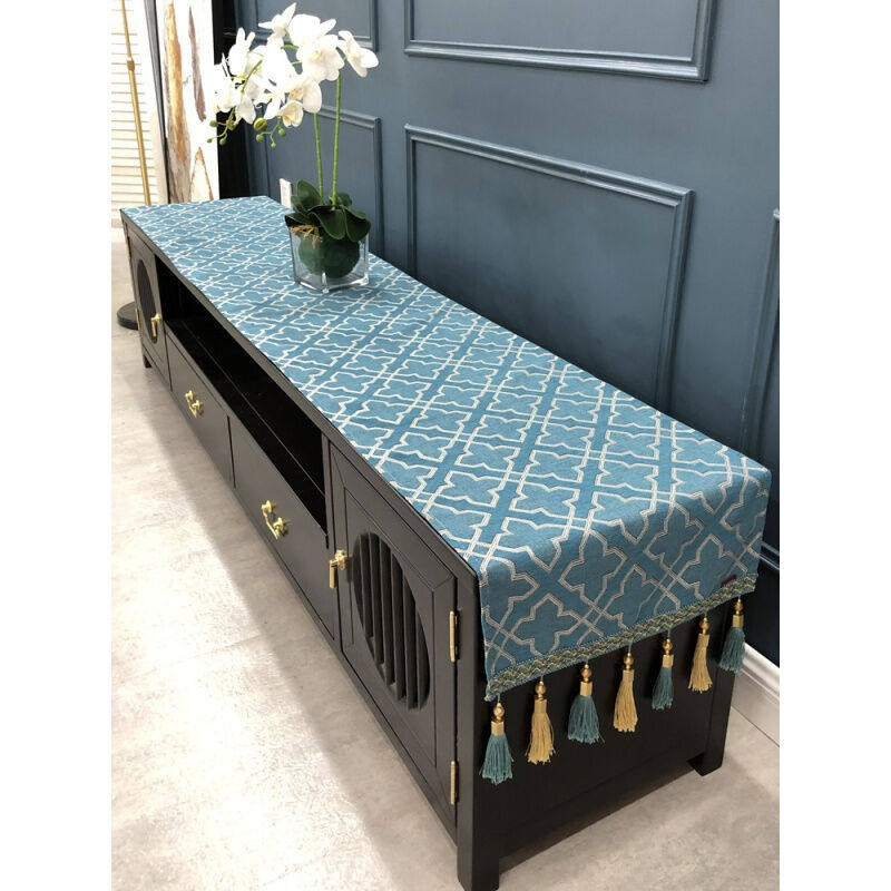 现代电视柜桌布盖布流苏布艺盖巾茶几台布长方形防尘罩浅蓝色40*2