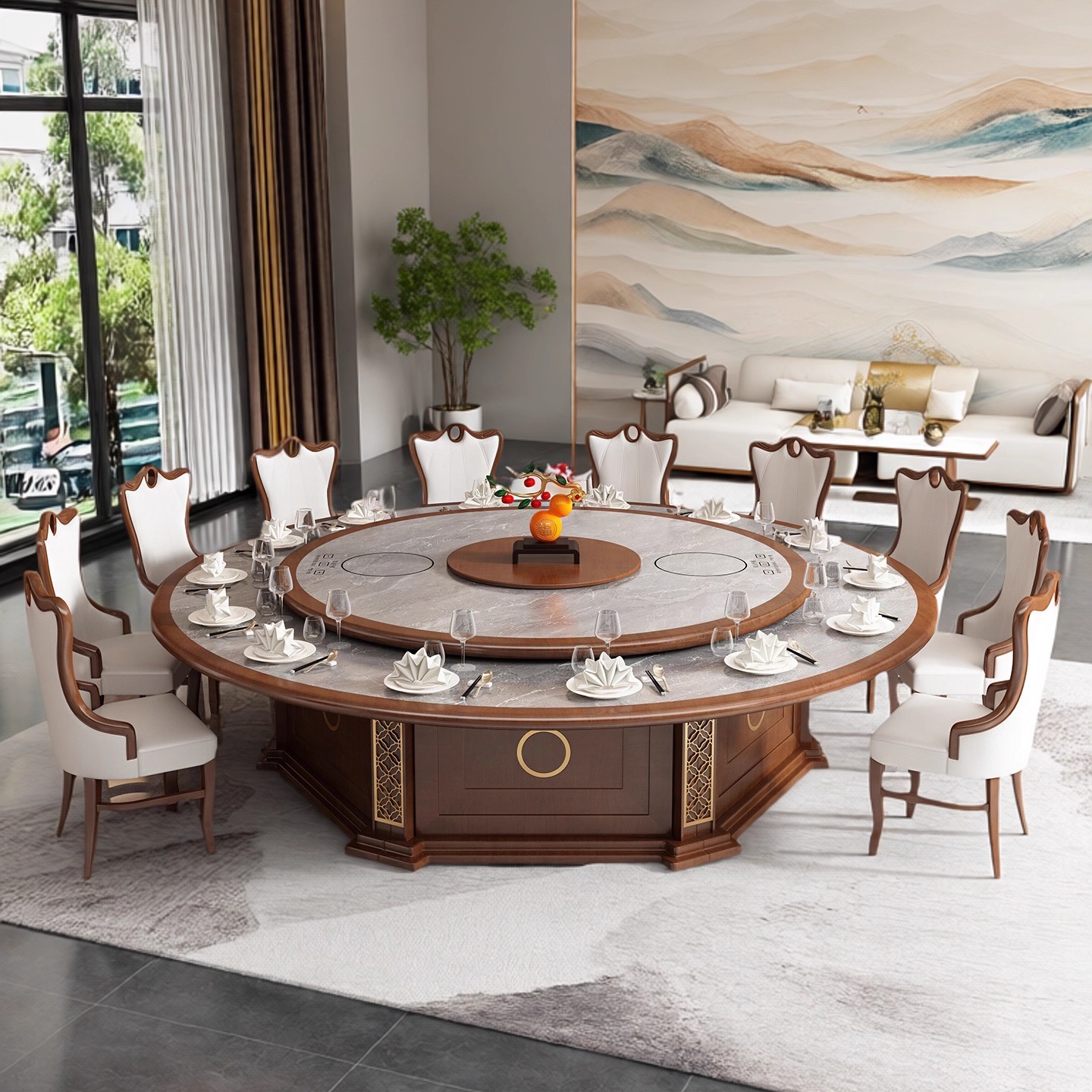 新中式酒店实木电动餐桌岩板大圆桌现代别墅会所餐厅大理石宴会桌