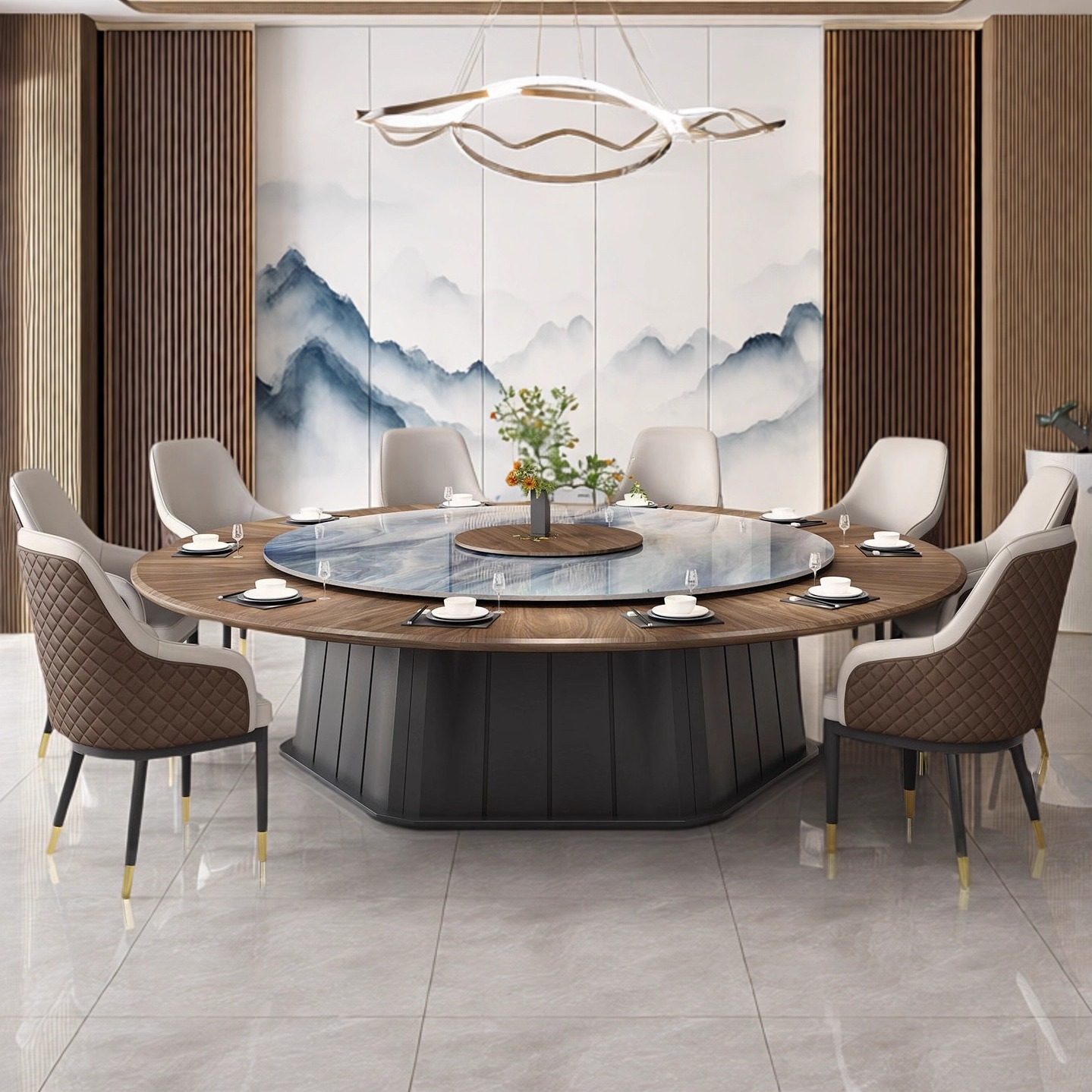 新中式酒店实木电动餐桌大圆桌现代餐厅轻奢简约火锅桌宴会餐桌椅