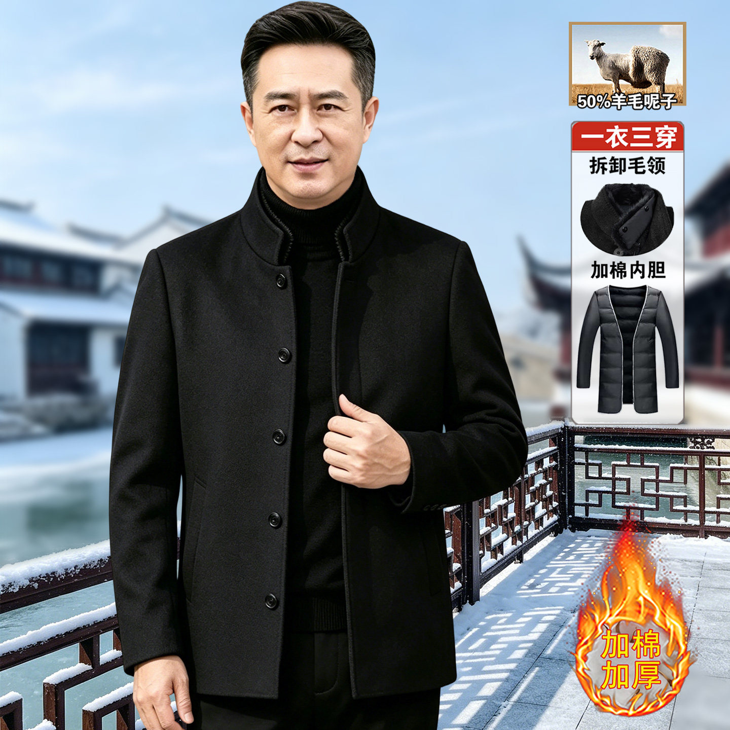 毛呢外套男士冬季加绒加厚中老年爸爸羊毛夹克老年人爷爷羊绒大衣