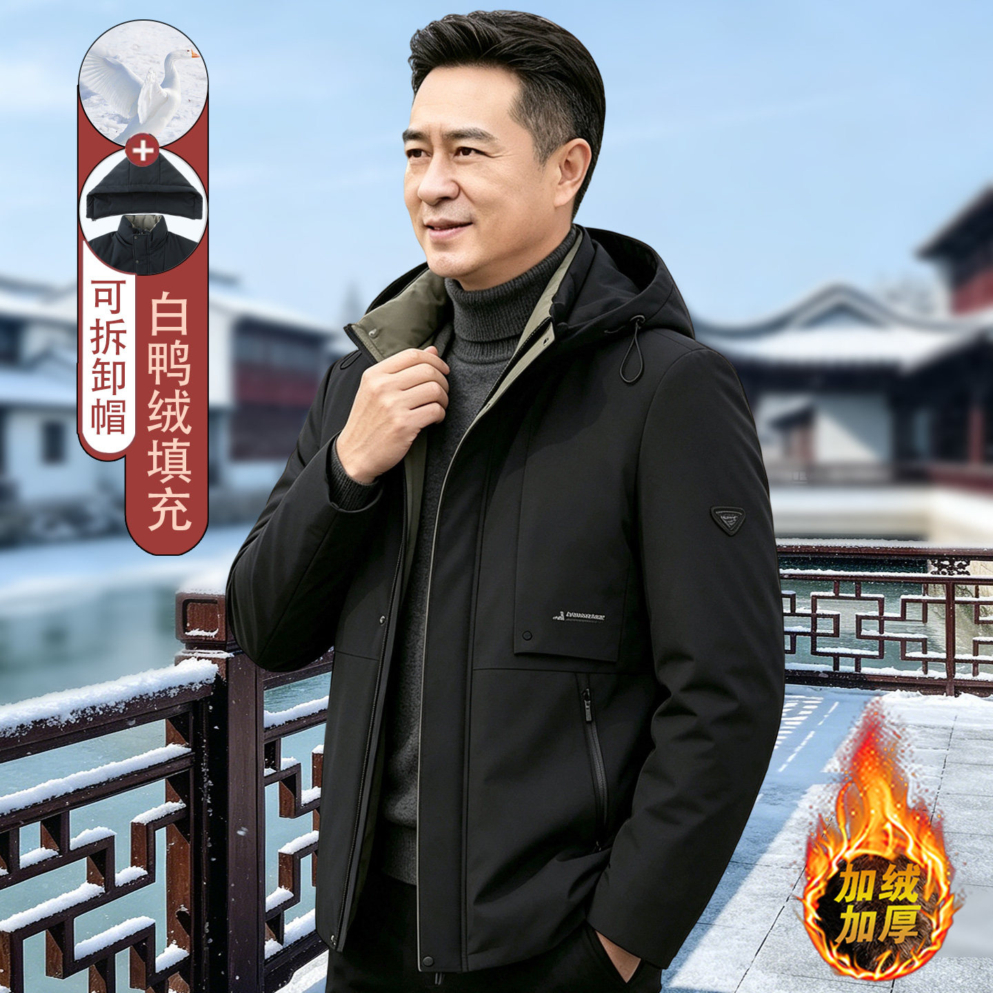 中年爸爸羽绒服加绒加厚中老年男士防寒棉服外套老年人爷爷保暖衣