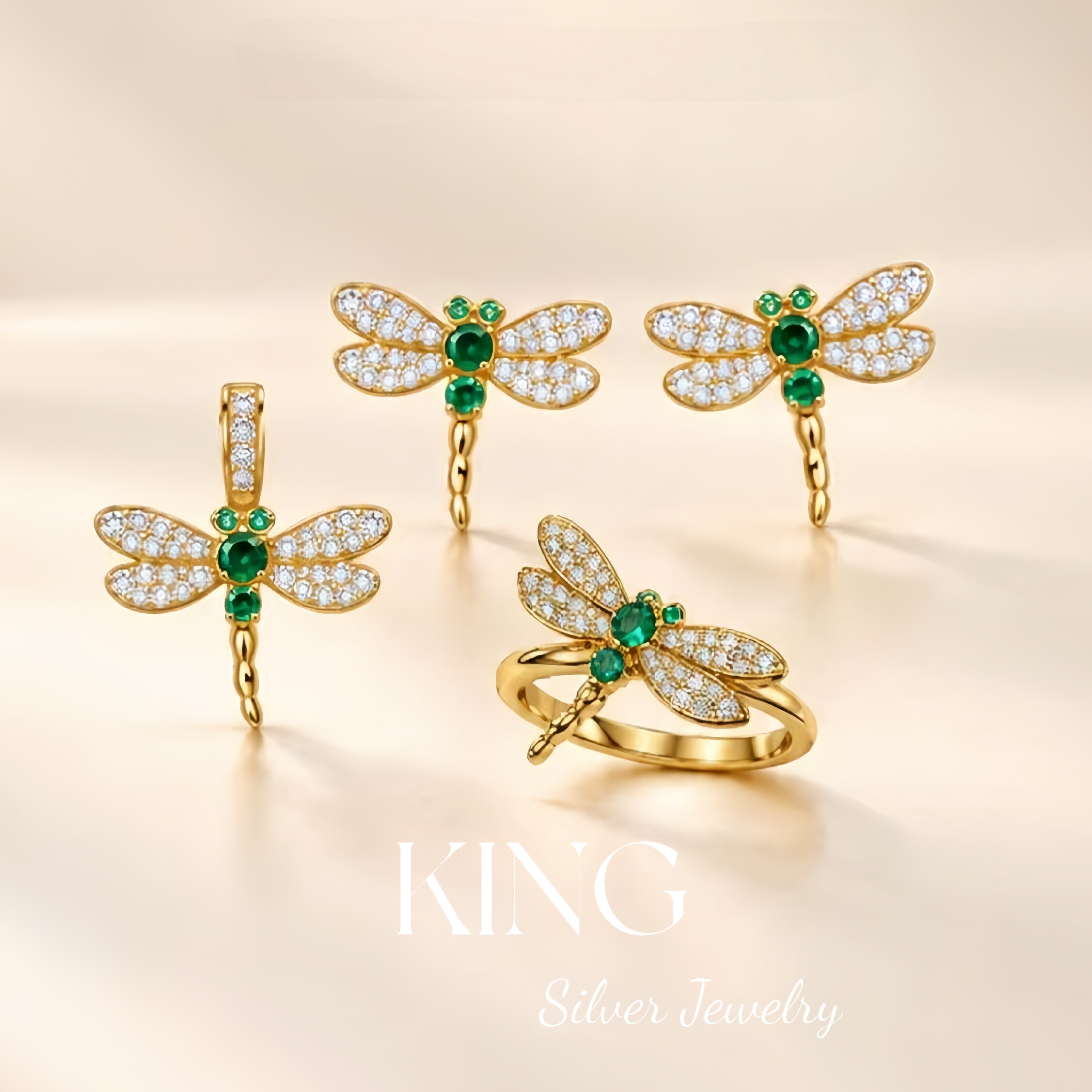 绿野蜻蜓 | king银饰珠宝复古时尚轻奢925纯银镀金项链耳钉戒指