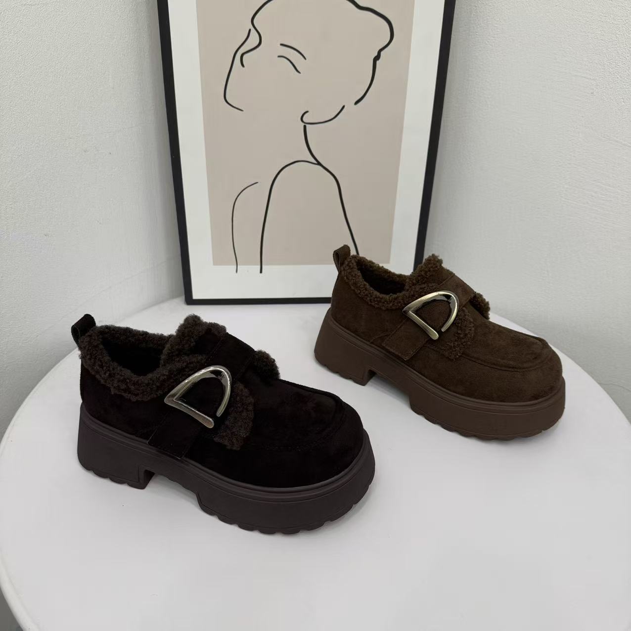 复古时尚加绒乐福鞋女2025新款冬季加绒保暖棉鞋厚底英伦风小皮鞋