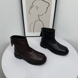 z后拉链瘦瘦靴短靴 新款 韩系真皮平跟加绒弹力马丁靴女 2025年冬季