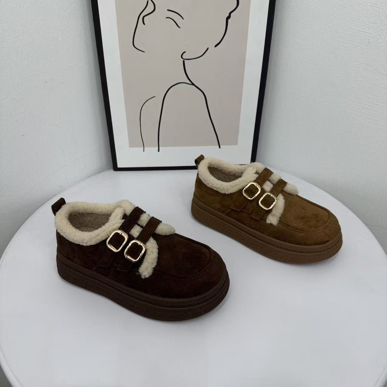 2025年冬季新款加绒保暖 4cm皮带扣勃肯鞋棉鞋一脚蹬懒人鞋豆豆鞋