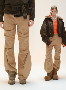 COZYDOLL【超显瘦褶皱裤】复古水洗做旧喇叭长裤女宽松直筒伐木裤