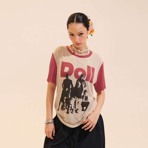 COZYDOLL美式复古松弛感印花拼接撞色正肩T恤短袖上衣