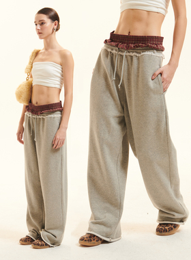 Cozydoll纯棉美式复古亲肤舒适软糯格纹双腰卷边破坏高腰女裤卫裤