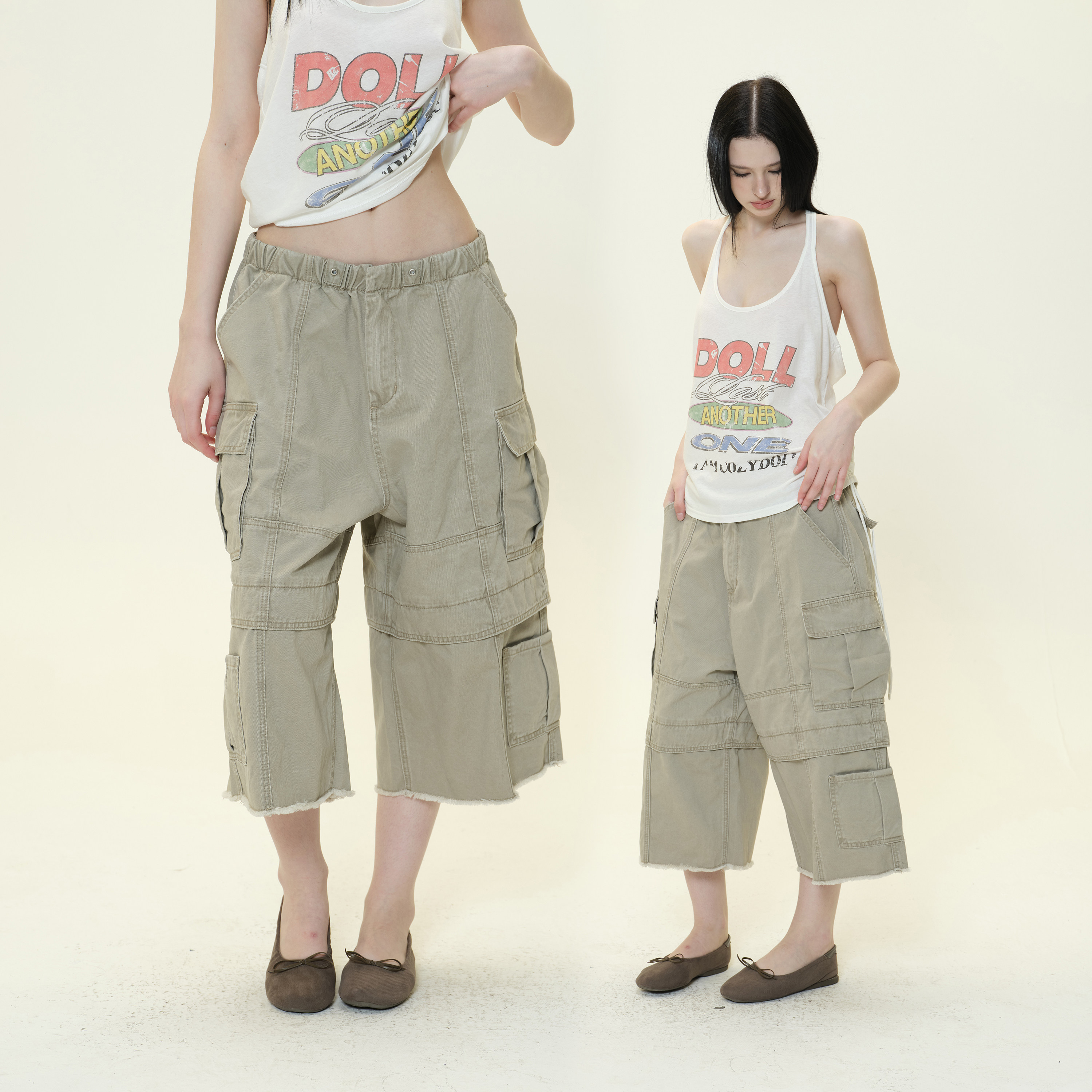 COZYDOLL慵懒感水洗做旧破坏毛边大口袋七分工装裤