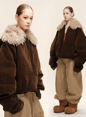 COZYDOLL斯拉夫风白鸭绒复古水洗抽褶廓形可拆卸毛领派克羽绒服女