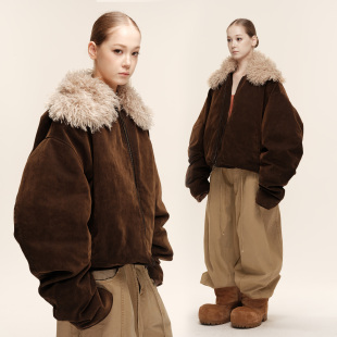 COZYDOLL斯拉夫风白鸭绒复古水洗抽褶廓形可拆卸毛领派克羽绒服女