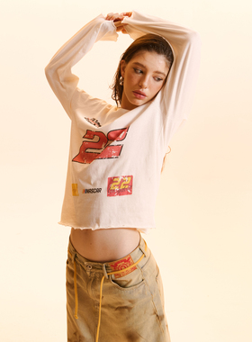 Cozydoll贴身穿慵懒松弛赛车元素印花木耳边100%纯棉长袖T恤