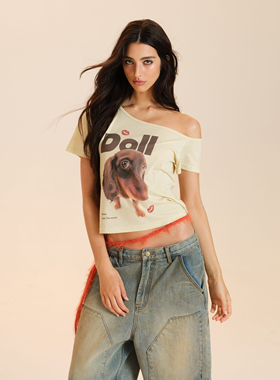 Cozydoll美式复古天丝棉jennie同款腊肠狗印花斜肩上衣短袖T恤