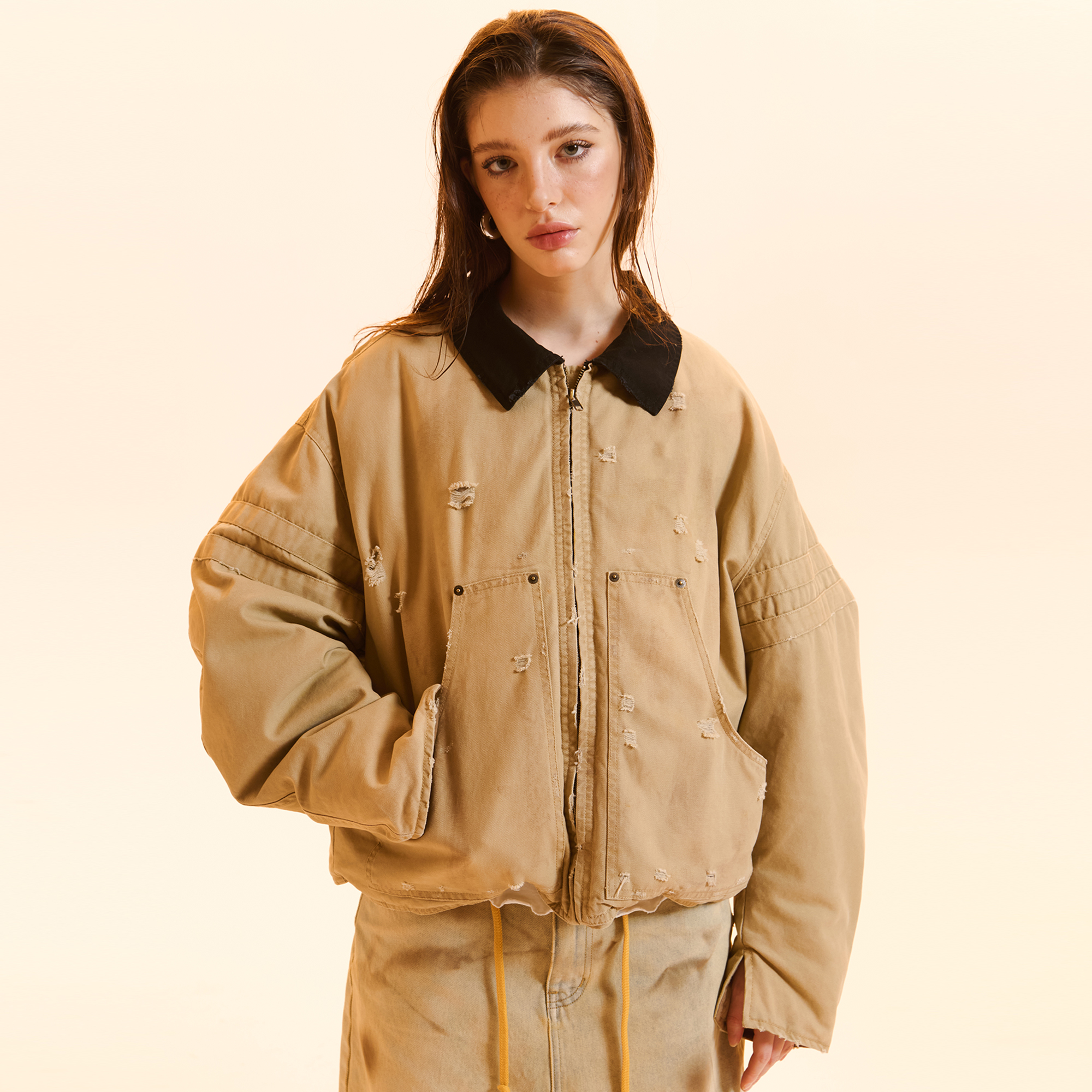 巴恩风白鸭绒拼色翻领做旧羽绒服