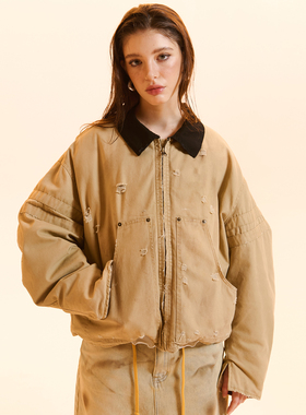 Cozydoll巴恩风白鸭绒翻领复古废土做旧脏染口袋廓形派克服羽绒服