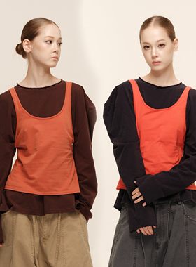 COZYDOLL美式复古泡泡袖解构撞色宽松慵懒背心两件套宽肩长袖T恤