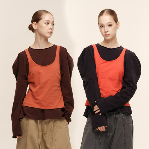 慵懒立体宽肩长袖背心T恤两件套