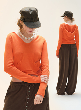 COZYDOLL休闲套头V领连帽毛衣女春季新款自然卷插袋长袖针织上衣