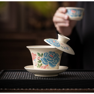 陶瓷青花三才盖碗茶杯陶瓷功夫茶具泡茶器家用泡茶碗高档茶道喝茶