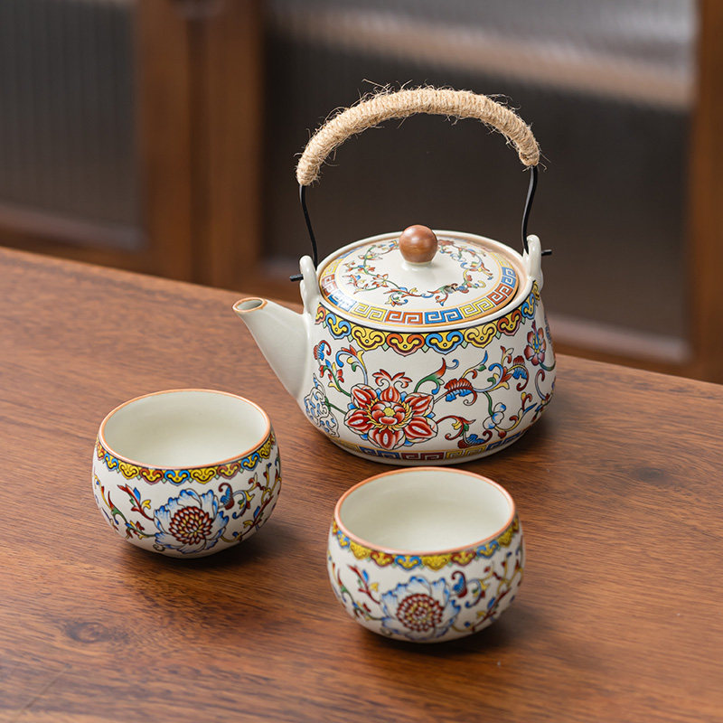 网红同款珐琅彩缠枝莲提梁壶套装汝窑开片一壶两杯功夫茶器,餐饮具,功夫茶具,淘宝优惠券,粉丝福利购,淘宝优惠卷