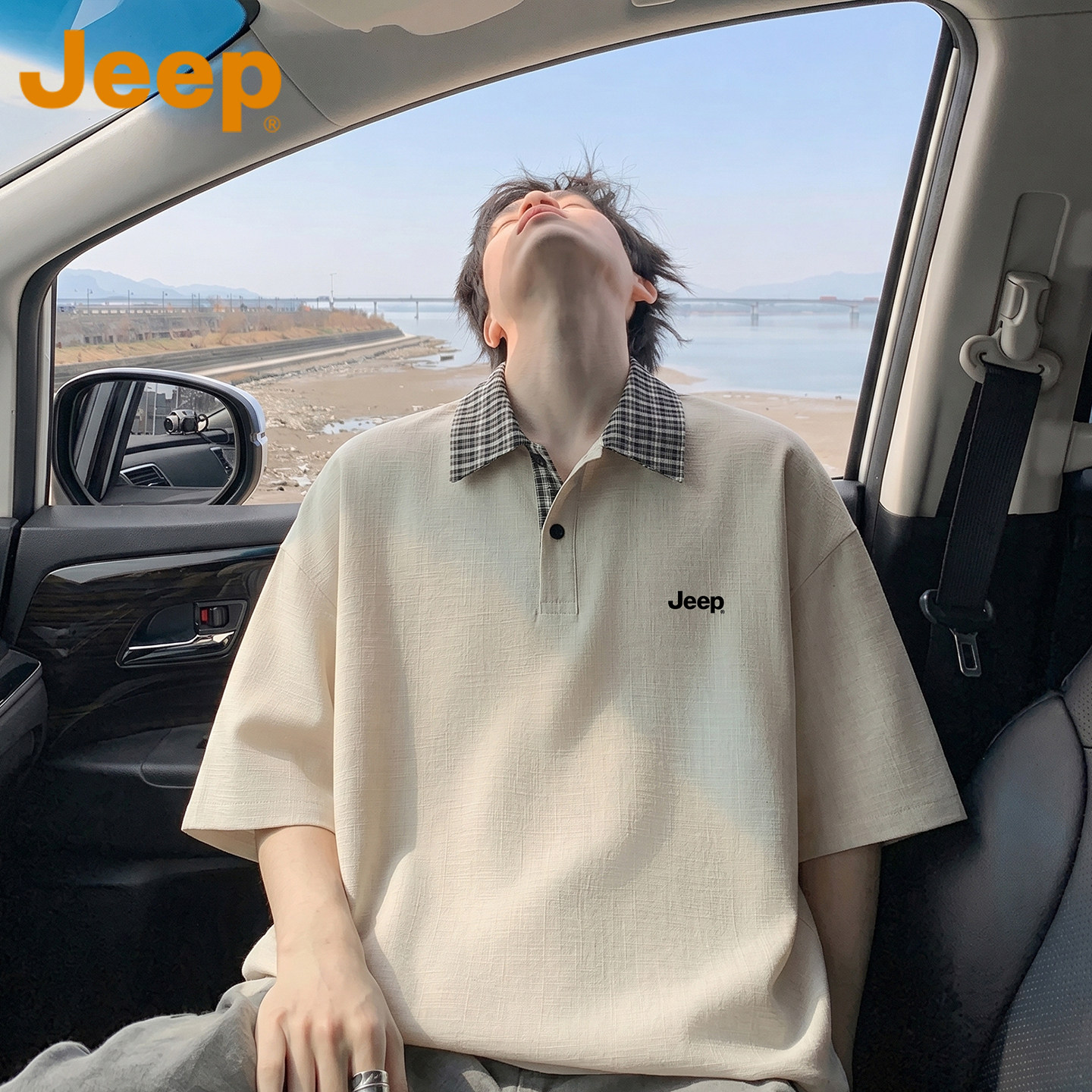 JEEP吉普格子假两件休闲短袖POLO衫男士2026夏季薄款翻领透气上衣