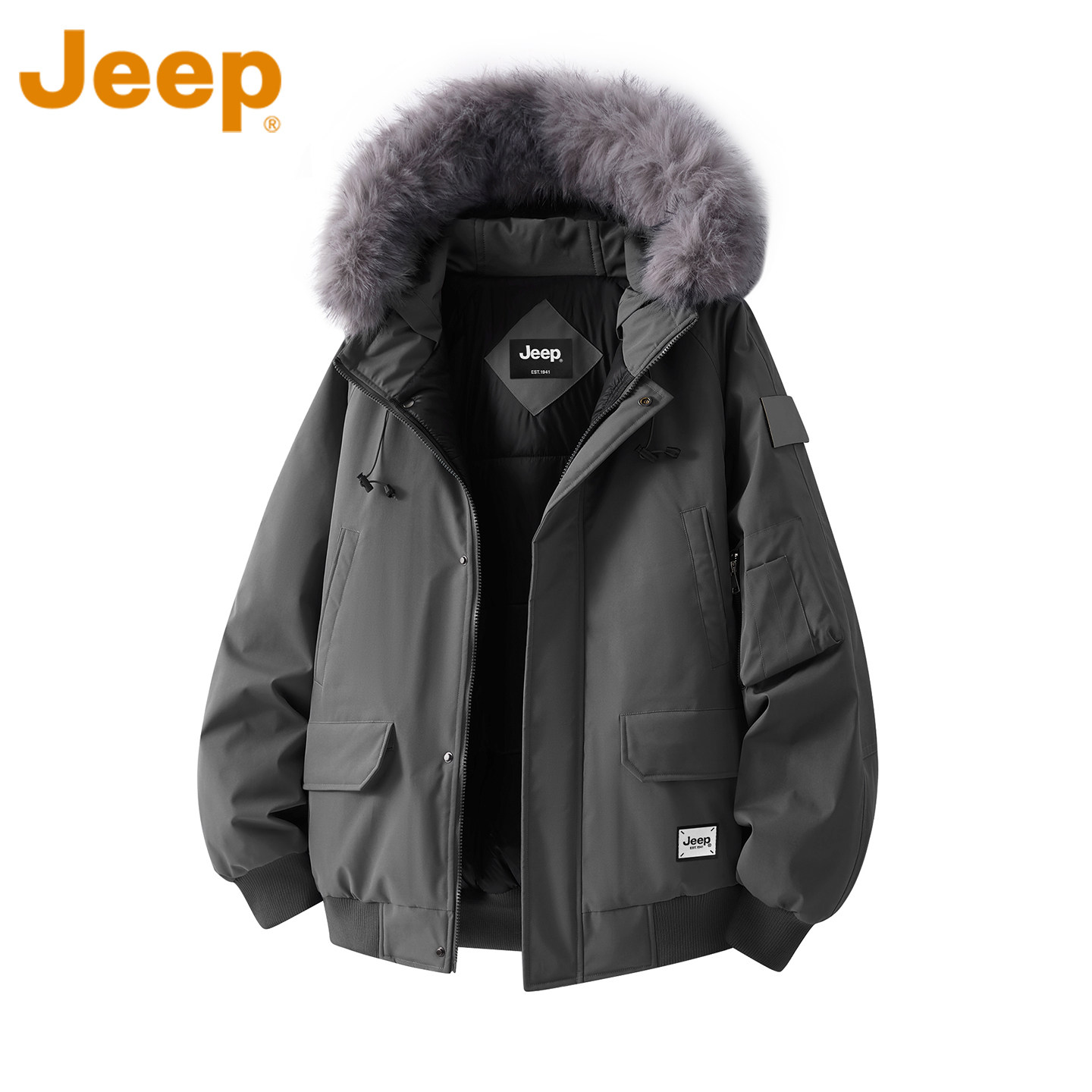 JEEP吉普工装风派克服棉衣男士冬季新款毛领棉服加厚高级保暖外套