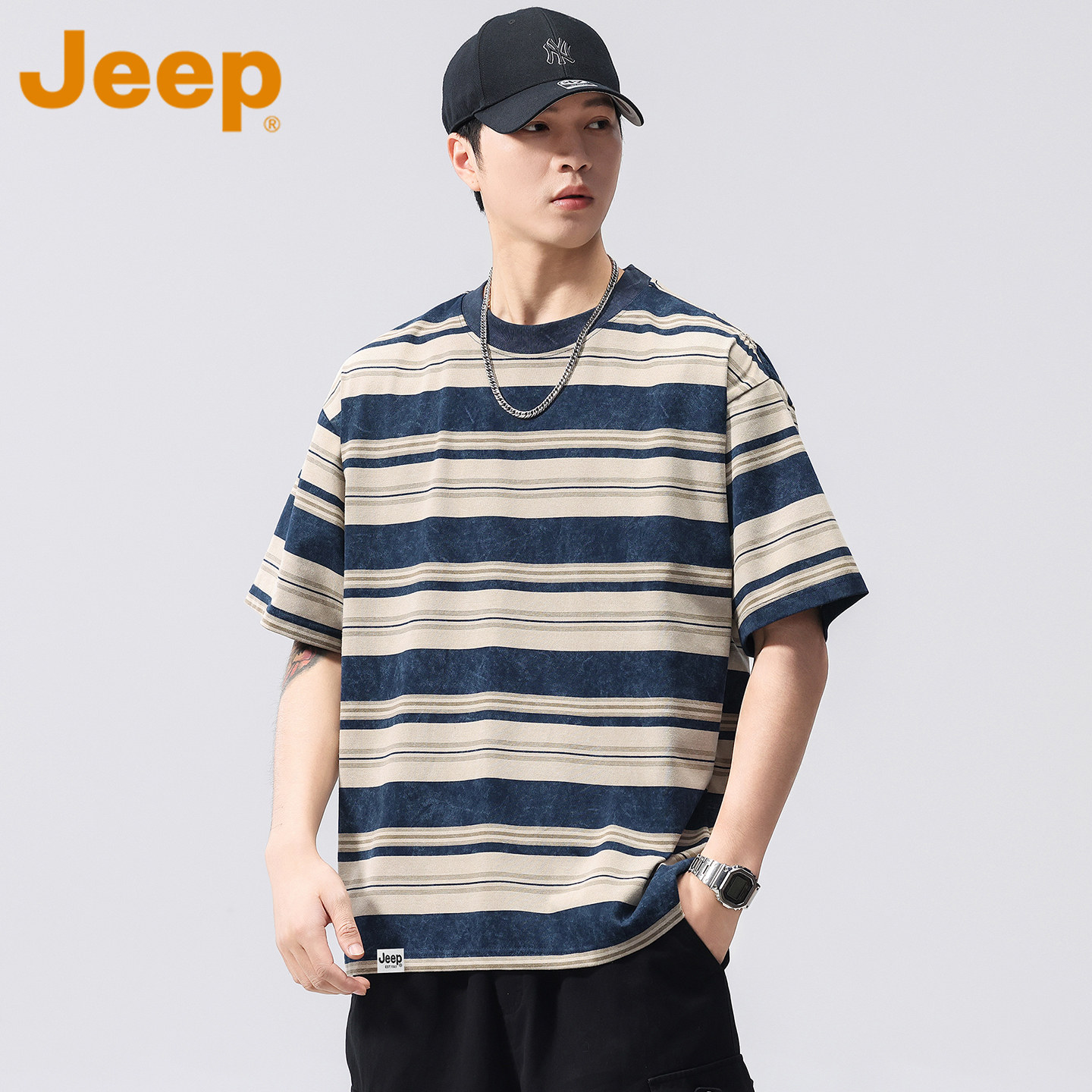 JEEP吉普棉质条纹T恤男士2026夏季薄款宽松落肩袖大码短袖上衣男