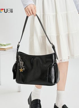 三福挎包春季中性休闲潮酷简约风hobo包质感PU时尚女包521321