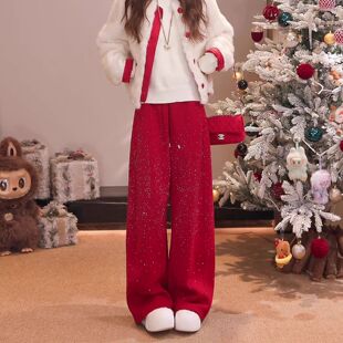 红色满天星烫钻阔腿裤女2026春季新款加绒松紧腰显瘦修身弯刀裤子