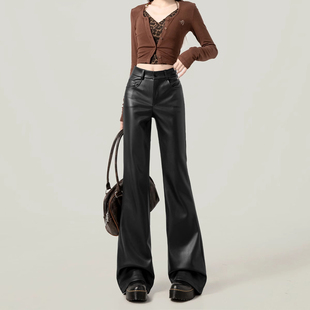 黑色微喇皮裤女款秋冬季时尚加绒加厚新款高腰显瘦美式喇叭裤子